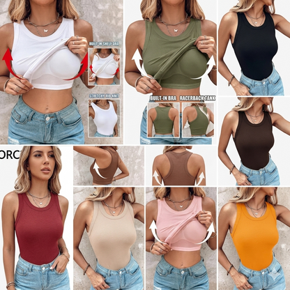 Summer Special Sale🍃Round Neck Built-in Bra Ribbed Tank Top Fit Casual Comfortable💥