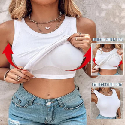 Summer Special Sale🍃Round Neck Built-in Bra Ribbed Tank Top Fit Casual Comfortable💥