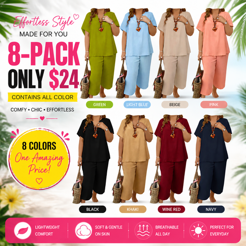 Summer Special Sale🍃Women's Solid Short Sleeve Top & Loose Wide Leg Pants 2-Piece Set